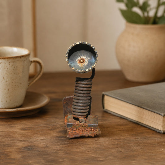 Metal Morph Sculpture handcrafted floral sculpture made from industrial scrap metal, featuring a coiled spring base.