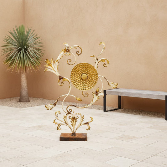 Metal Morph Sculpture The Gilded Wild freestanding metal art with gold acanthus leaves and a raw steel base.