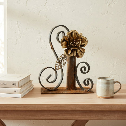 Metal Morph Sculpture Golden Lotus handcrafted steel floral centerpiece made from repurposed antique metal objects.