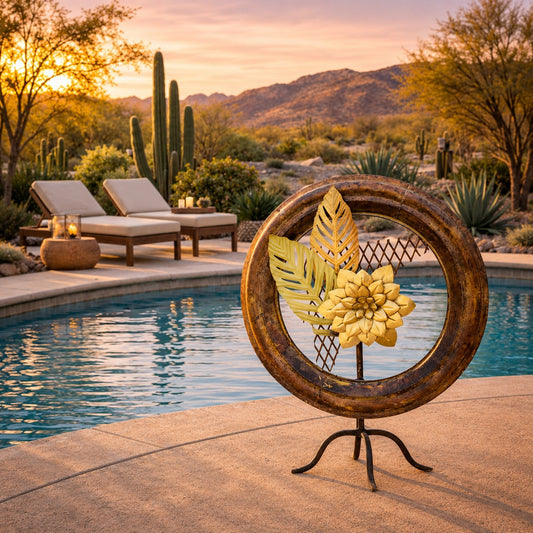 Metal Morph Sculpture The Hybrid Bloom freestanding metal floral art with golden petals on a desert pool patio
