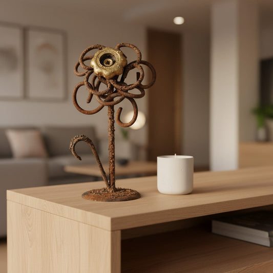 Metal Morph Sculpture handcrafted floral art made from reclaimed rusted metal and a brass valve on a wooden table.
