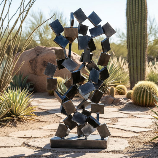 Metal Morph Sculpture Rect-Plenty handcrafted steel geometric sculpture featuring a domino-effect design in a desert.