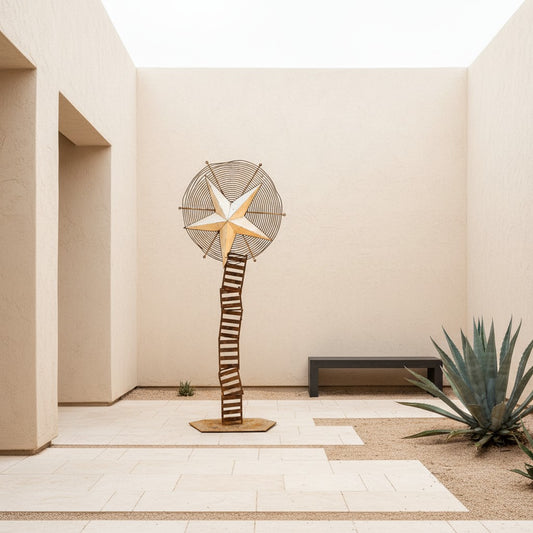 Metal Morph Sculpture Starbound kinetic floor art featuring a rustic metal star and ventilation wheel on a steel base.