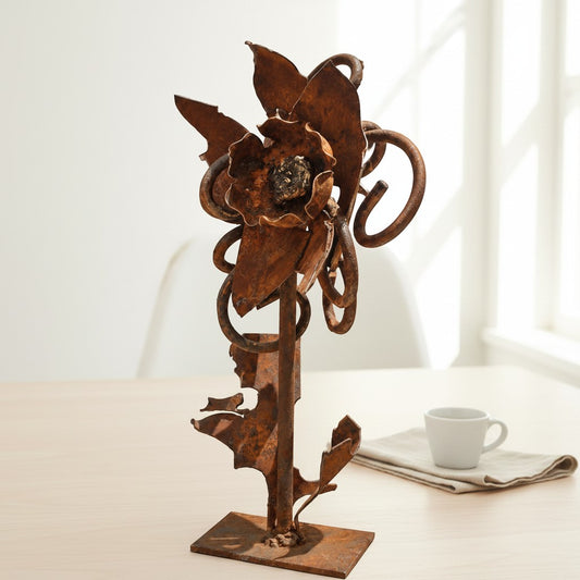 Metal Morph Sculpture Wild Rose handcrafted steel floral art with rustic patina on a light wooden table.