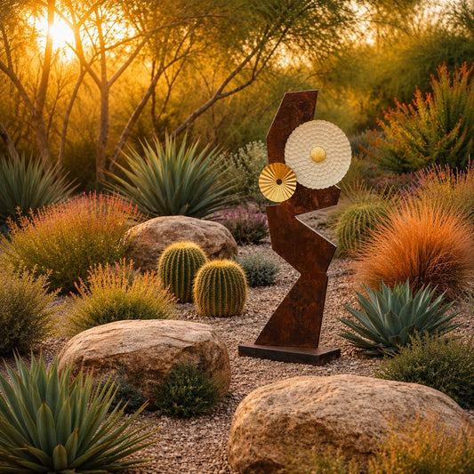 Metal Morph Sculpture Zig Zag Sun featuring rustic steel plates and a central metal sun in a desert garden setting.