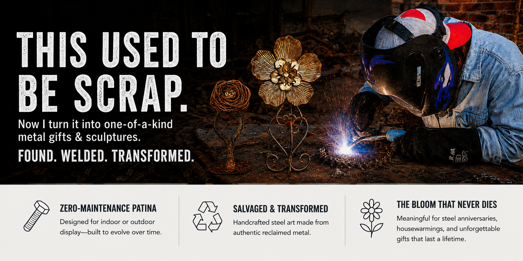Promotional graphic for a metal scrap-to-art service. The top half is dark with the text 'THIS USED TO BE SCRAP.