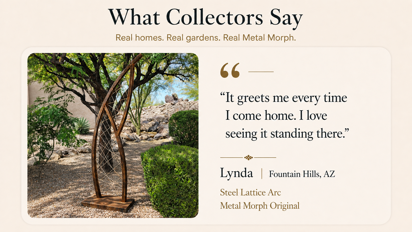 A promotional graphic for the Steel Lattice Arc by Metal Morph Original, featuring a product photo on the left and customer testimonial text on the right. The graphic has a warm beige background with the heading 'What Collectors Say'.