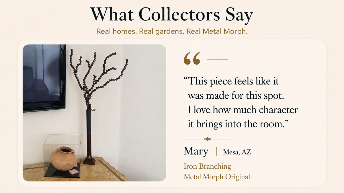 A promotional graphic titled 'What Collectors Say' featuring a photo of a dark metal iron branching sculpture on a table next to a terracotta pot, alongside a quote from Mary in Mesa, AZ about the piece bringing character into a room.