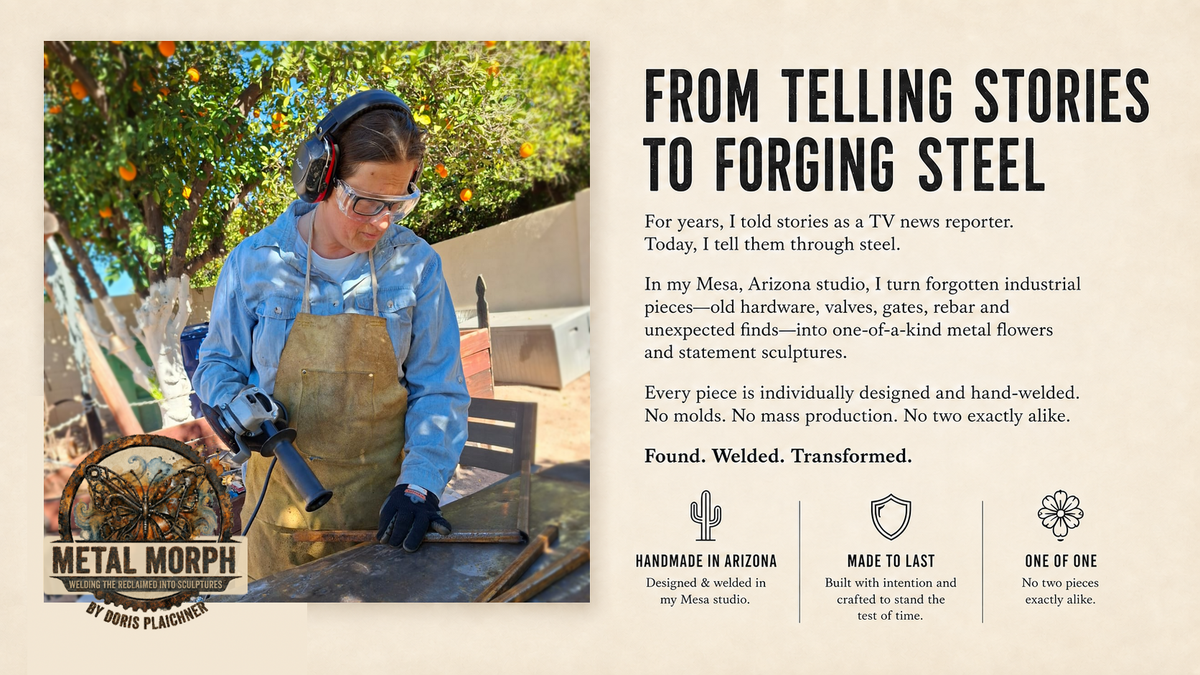 A promotional graphic for Metal Morph by Ross Plachinger, featuring a photo of a woman outdoors forging metal with a hammer, alongside text describing the brand's handcrafted, one-of-a-kind approach.