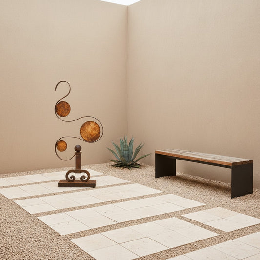 Metal Morph Sculpture Balance in Motion abstract steel art with antique circular plates on a gravel patio setting.