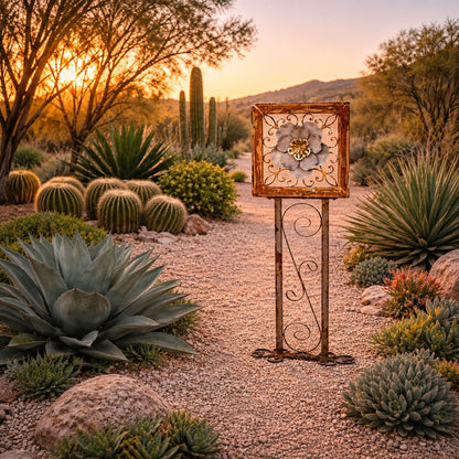 Metal Morph Sculpture The Gated Bloom, a rustic iron floral sculpture standing in a desert garden at sunset.