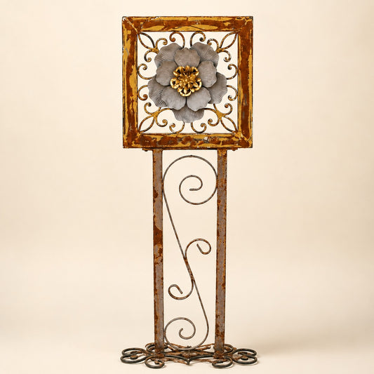Metal Morph Sculpture The Gated Bloom freestanding rustic iron sculpture with a reclaimed metal flower centerpiece.