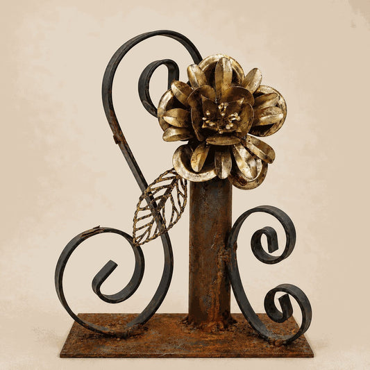 Metal Morph Sculpture Golden Lotus handcrafted steel floral art made from repurposed antique scrolls and pipe base.