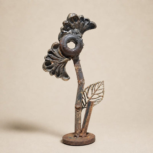 Metal Morph Sculpture Little Bloom handcrafted metal floral art made from salvaged vintage pieces on a steel base.