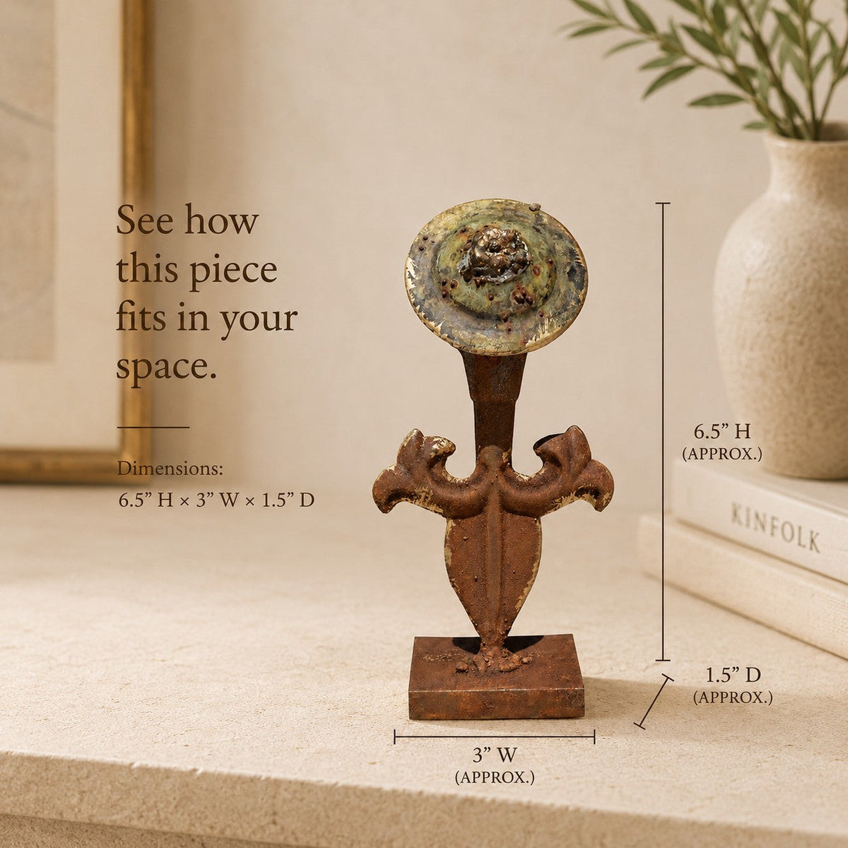 Metal Morph Sculpture Iron Finial handcrafted steel decorative art piece with a rustic patina on a neutral surface
