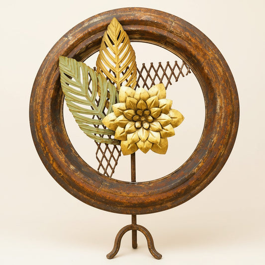 Metal Morph Sculpture The Hybrid Bloom handcrafted freestanding metal art with golden floral elements and steel mesh