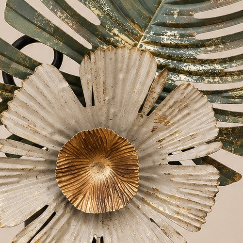 Metal Morph Sculpture Iron Jungle handcrafted steel flower art with distressed white and gold metallic finish