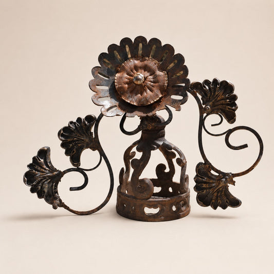 Metal Morph Sculpture Iron Garden sunflower metal art made from repurposed cast iron candle holders and trophy base