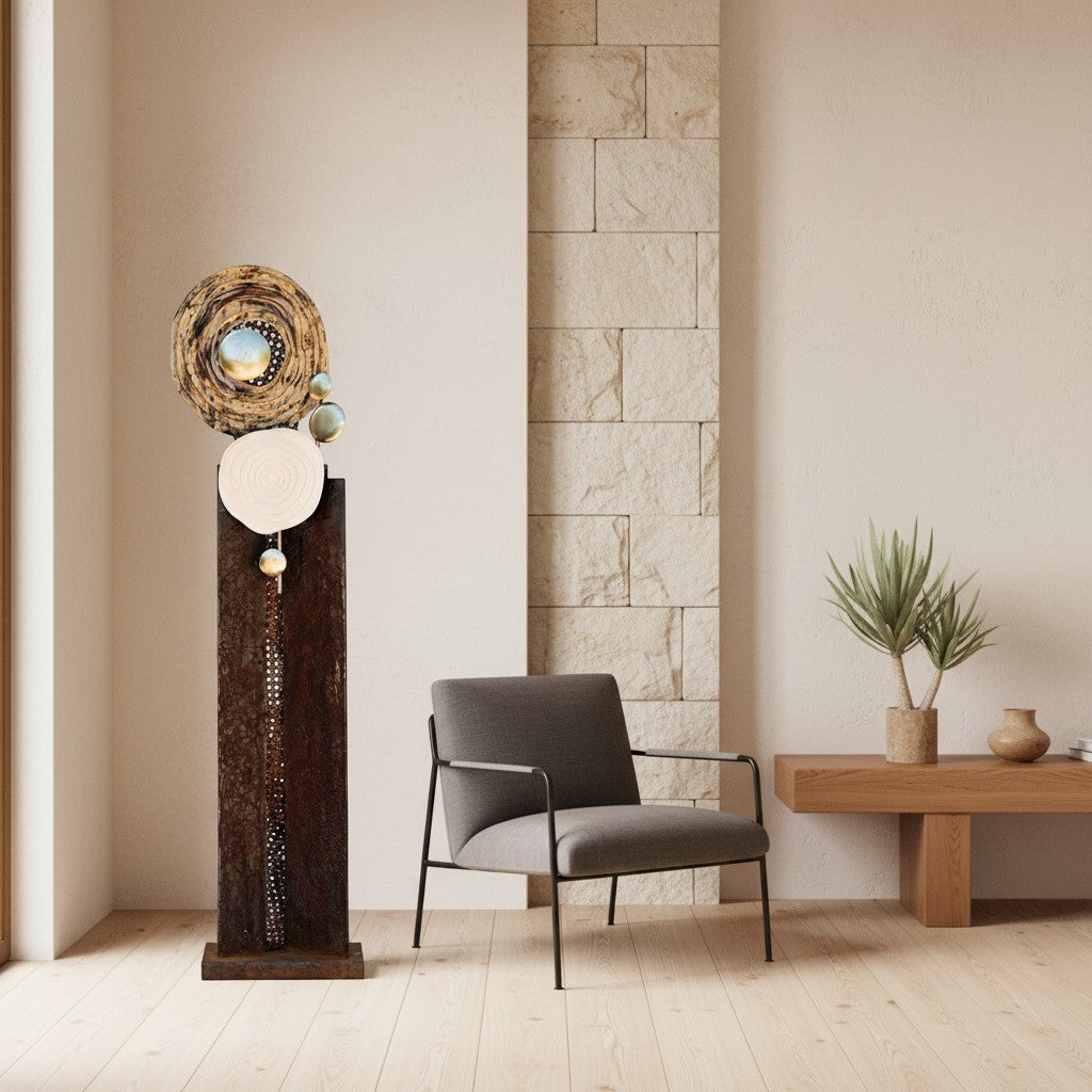 Metal Morph Sculpture Madame Orbit floor sculpture featuring raw steel, metallic orbs, and spirals in a modern room.
