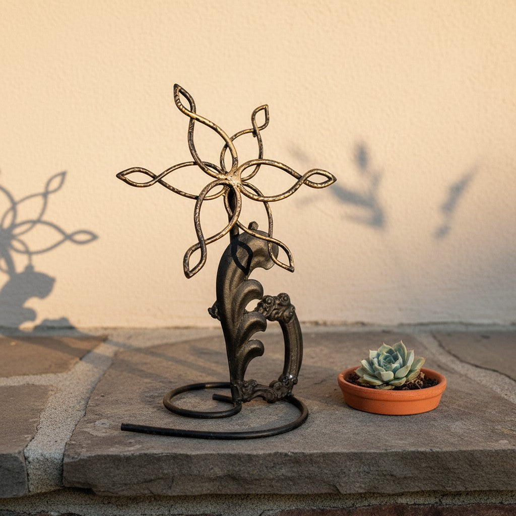 Metal Morph Sculpture Mandala Bloom handcrafted reclaimed metal flower sculpture with gold and black patina finish.