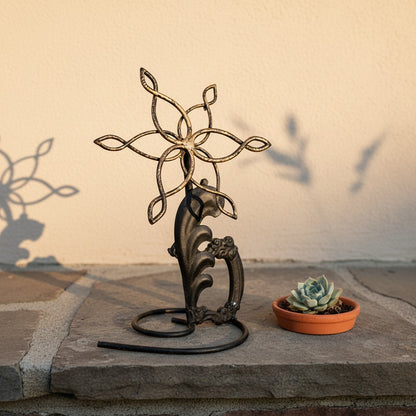 Metal Morph Sculpture Mandala Bloom handcrafted reclaimed metal flower sculpture with gold and black patina finish.