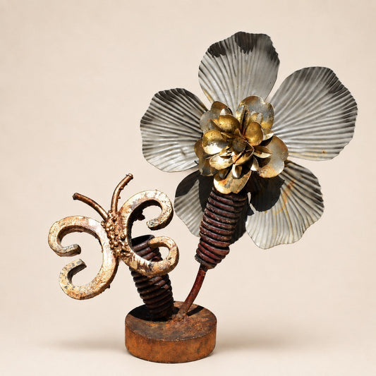 Metal Morph Sculpture original metal flower and butterfly art piece with corrugated steel and copper on a rust base.
