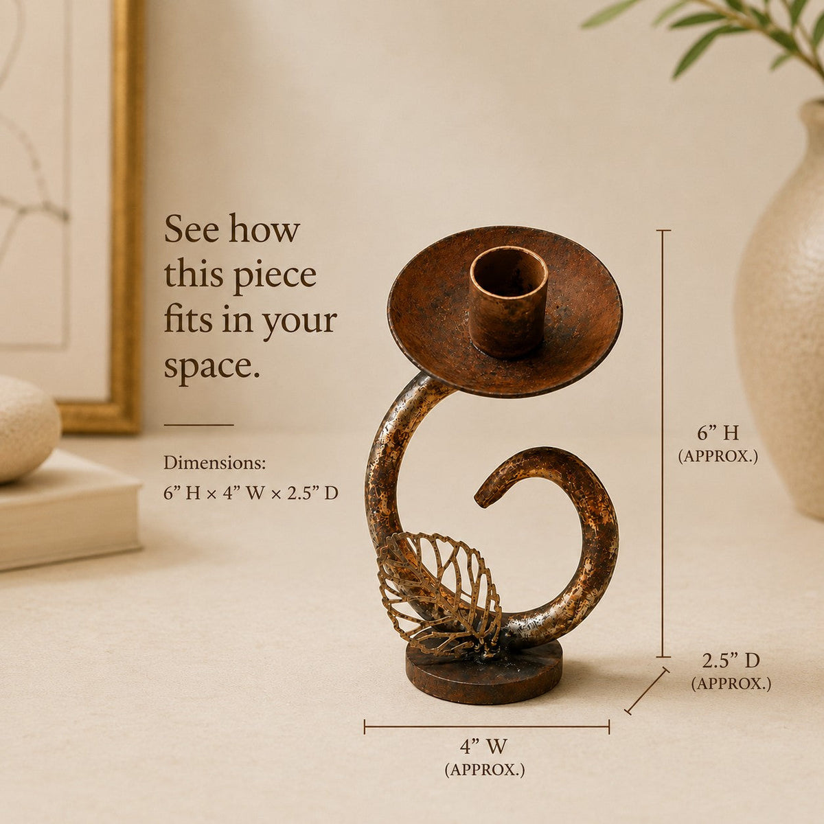 Metal Morph Sculpture handcrafted reclaimed metal flower art piece with a rustic patina finish on a neutral surface.