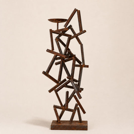 Metal Morph Sculpture Calculated Chaos architectural reclaimed steel abstract sculpture with a rusted patina finish
