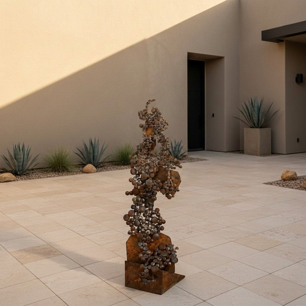 Metal Morph Sculpture Heavy Metal Confetti abstract reclaimed steel art piece displayed on a modern stone patio.