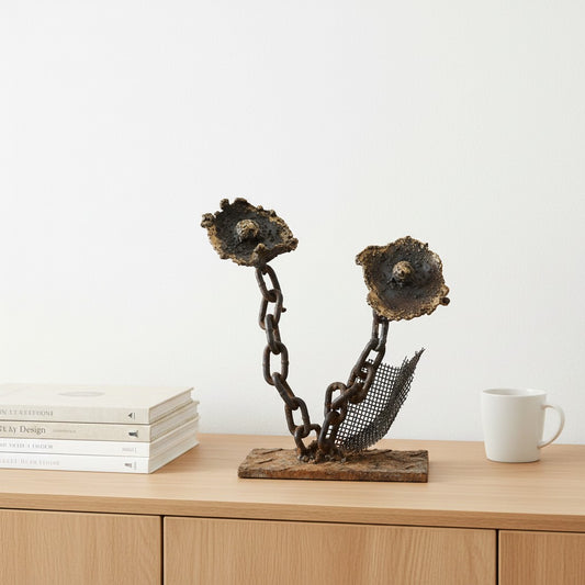 Metal Morph Sculpture Chain Gang Blooms handcrafted steel floral art made from salvaged chain and vintage metal mesh.