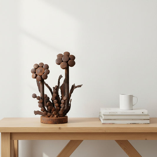 Metal Morph Sculpture Iron Bloom Duo handcrafted from reclaimed steel with a natural rust patina on a wooden table.