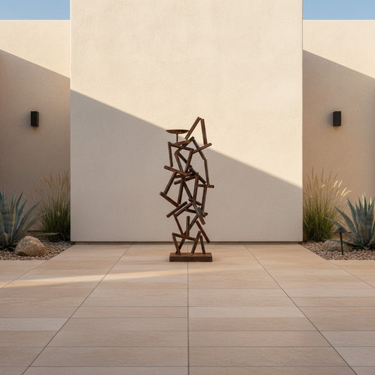 Metal Morph Sculpture Calculated Chaos architectural reclaimed steel sculpture standing on a modern patio