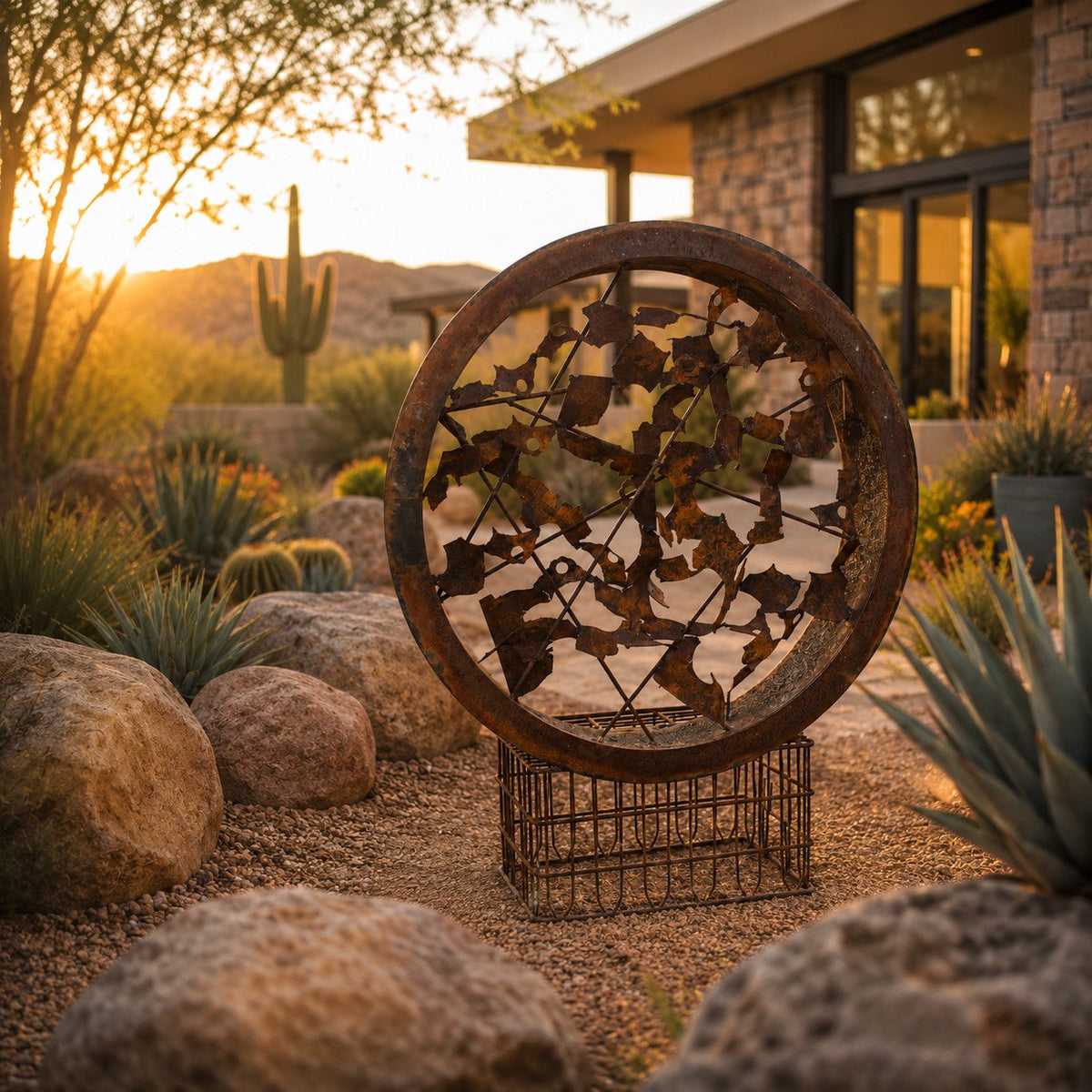 Metal Morph Sculpture Rust & Radius circular steel art with rust patina on a vintage milk crate base in a desert garden