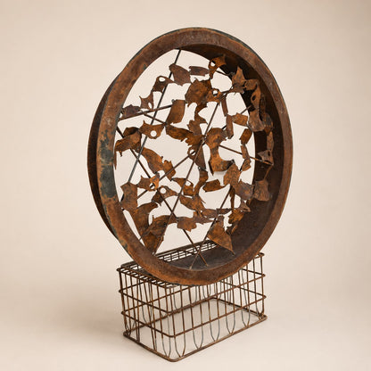 Metal Morph Sculpture Rust & Radius circular steel art with a rusted patina, mounted on a vintage metal milk crate base.