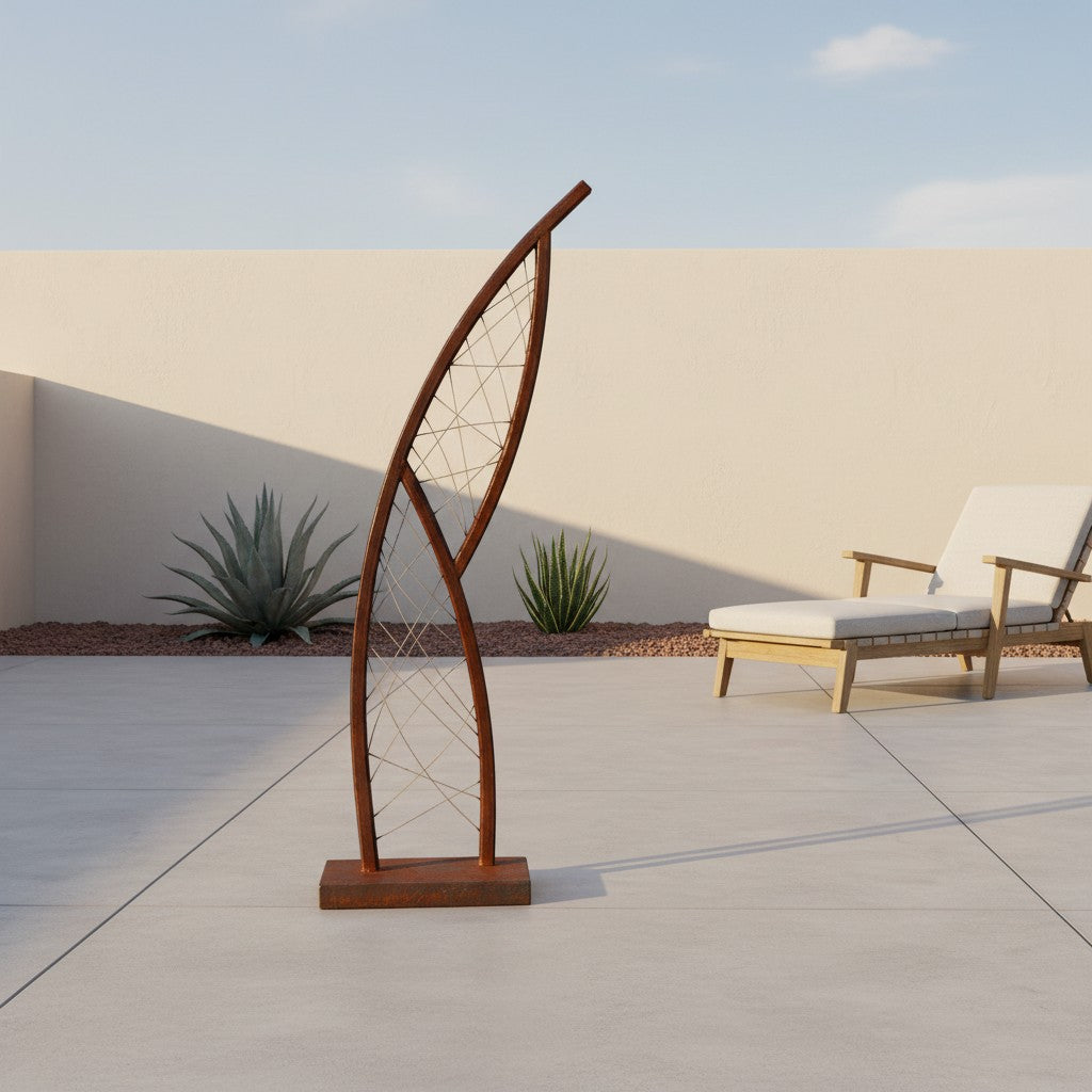 Metal Morph Sculpture Steel Lattice Arc, a curved rusted steel garden sculpture with wire detailing on a patio.