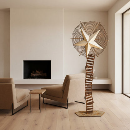 Metal Morph Sculpture Starbound kinetic floor art featuring a rustic metal star and ventilation wheel in a living room.