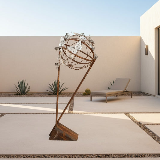 Metal Morph Sculpture Steel Migration abstract sphere sculpture with metal butterflies in a modern desert patio.