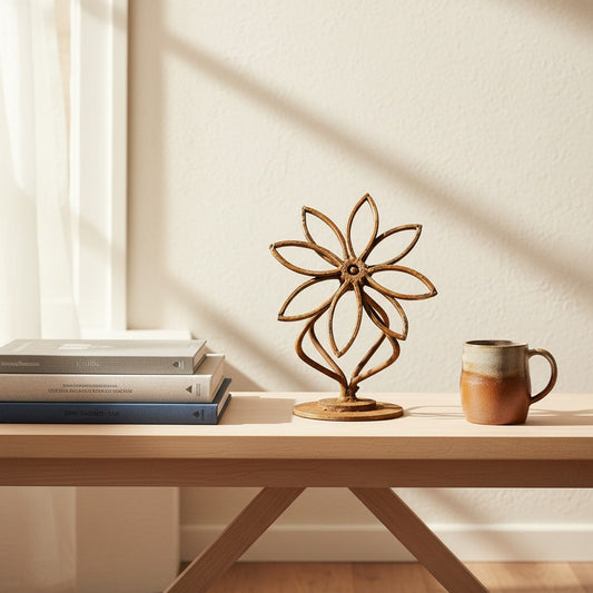 Metal Morph Sculpture handcrafted steel daisy floral art piece displayed on a wooden table with books and a mug.