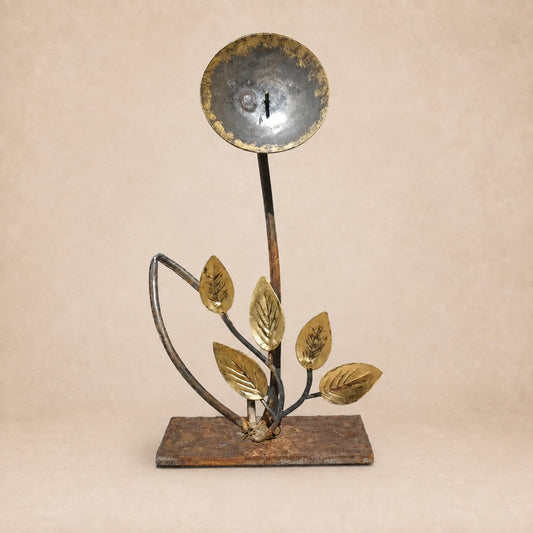 Metal Morph Sculpture Full Moon Bloom handcrafted steel floral art with blue-rust patina disc and gold-toned leaves.