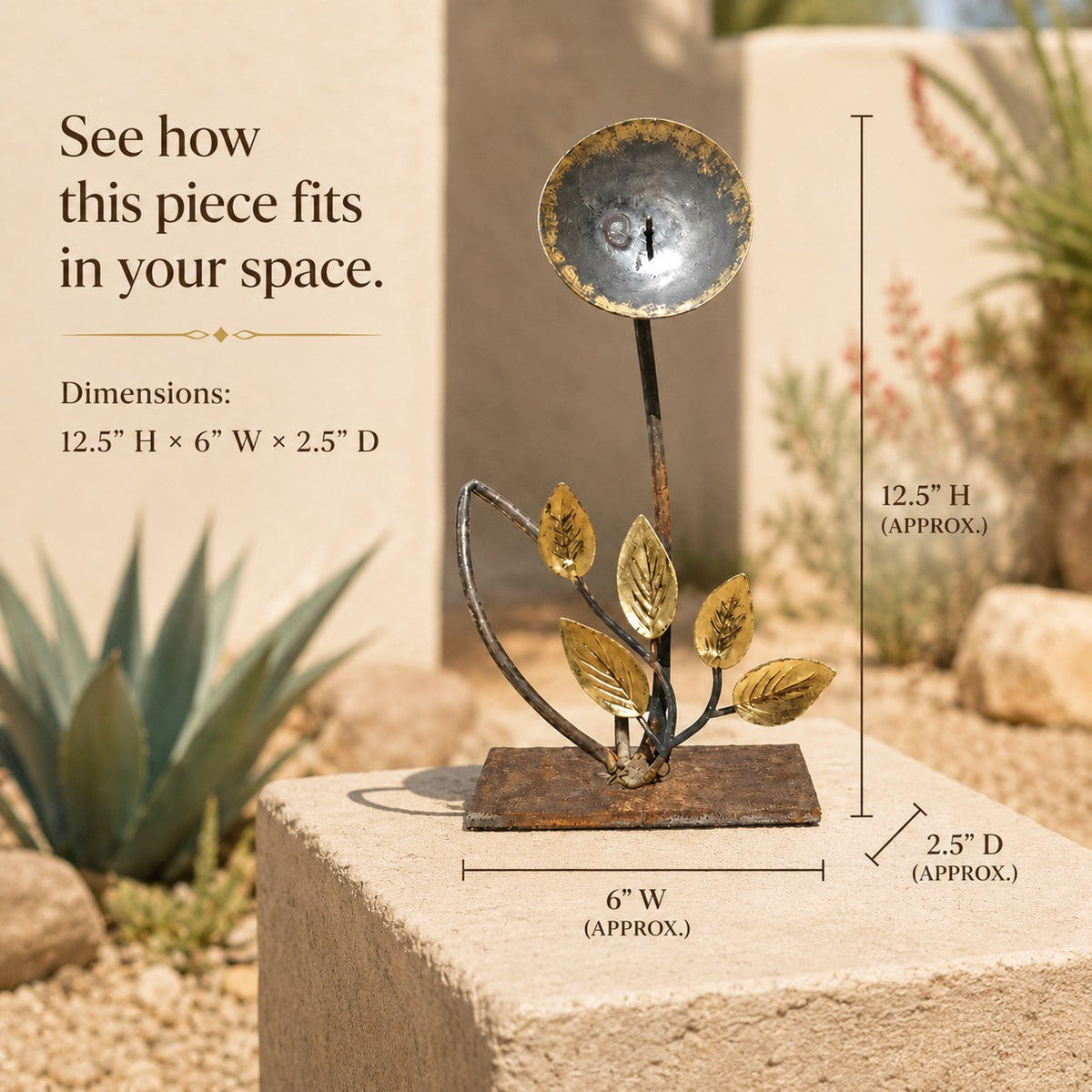 Metal Morph Sculpture Full Moon Bloom handcrafted steel floral art with blue patina disc and gold leaves on a base.