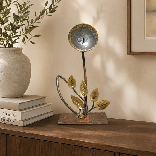Metal Morph Sculpture Full Moon Bloom handcrafted steel floral art with blue-rust patina and gold-toned leaves.