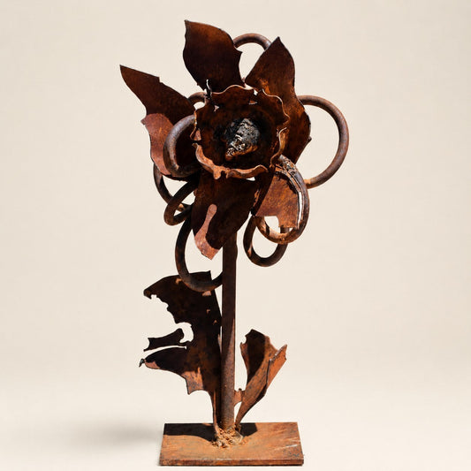 Metal Morph Sculpture Wild Rose original hand-shaped steel flower art with rustic patina on a square metal base