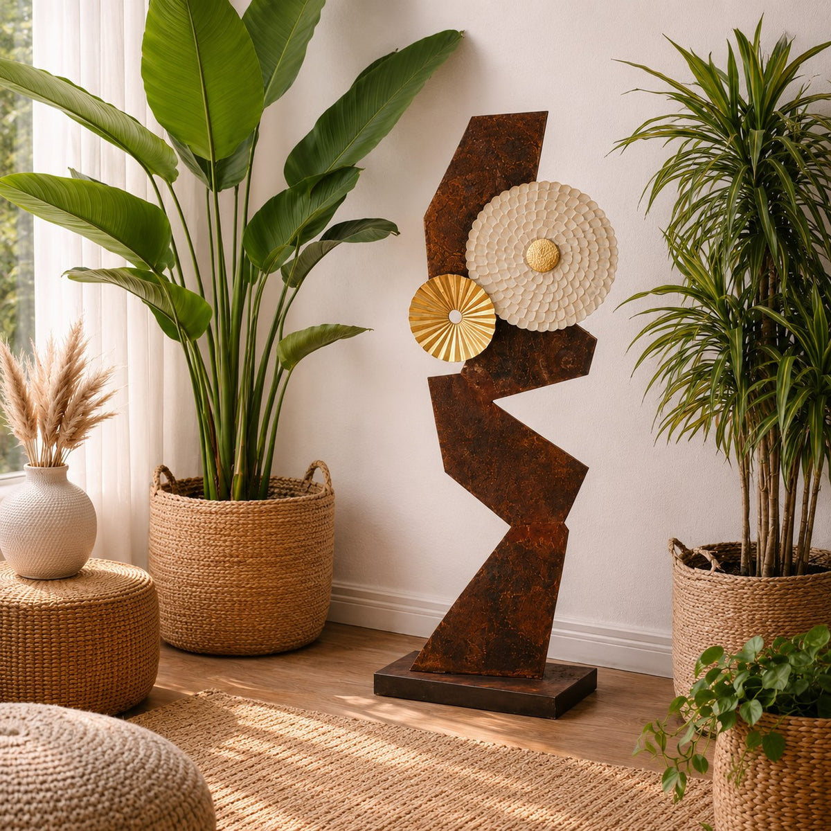 Metal Morph Sculpture Zig Zag Sun featuring rustic steel plates and a gold metal sun accent in a bright living room.