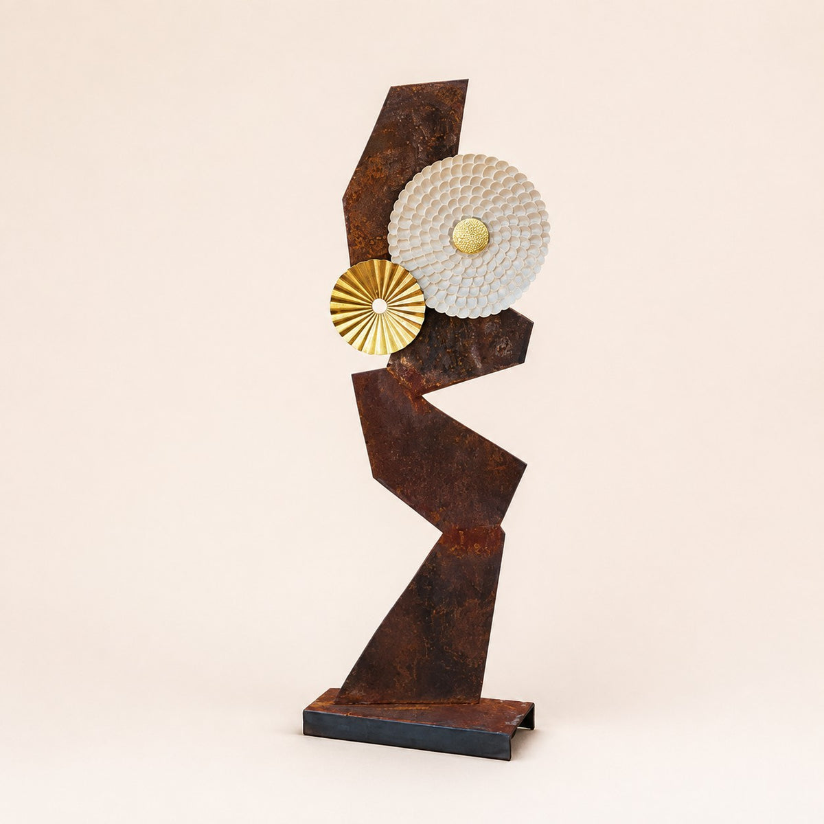 Metal Morph Sculpture Zig Zag Sun handcrafted architectural steel sculpture with a rustic patina and metal sun accents.