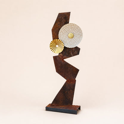 Metal Morph Sculpture Zig Zag Sun handcrafted architectural steel sculpture with a rustic patina and metal sun accents.